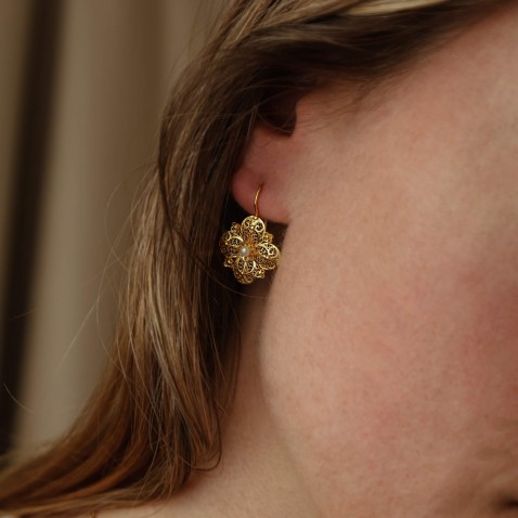 19.2K Gold Filigree Flower Earrings with Pearl | 100% Handmade Filigree
