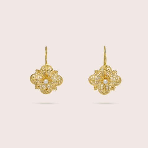 19.2K Gold Filigree Flower Earrings with Pearl | 100% Handmade Filigree