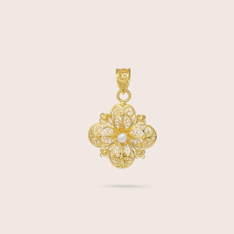 19.2K Gold Filigree Flower Pendant with Pearl | 100% Handmade Filigree