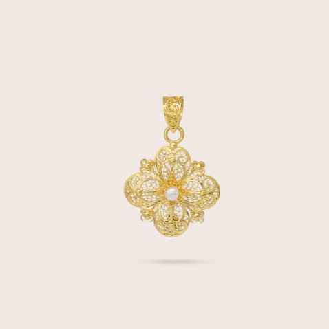 19.2K Gold Filigree Flower Pendant with Pearl | 100% Handmade Filigree