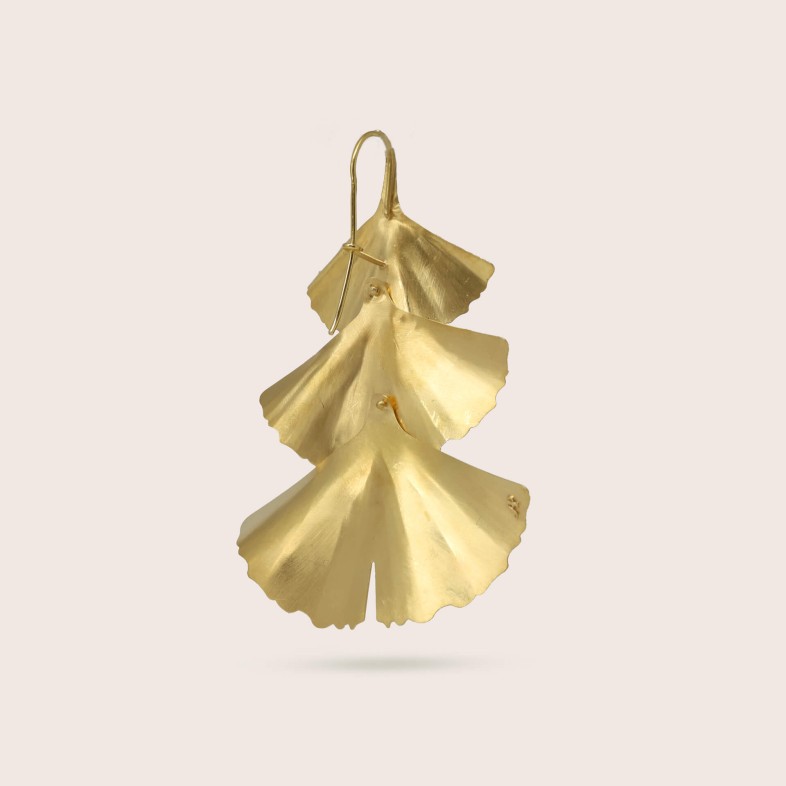 Brincos Prata Dourada | Ginkgo 3 Folhas Sobrepostas