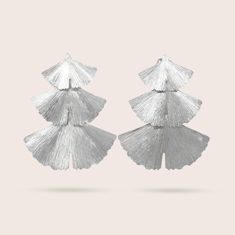 Brincos Prata R�dio | Ginkgo 3 Folhas Sobrepostas