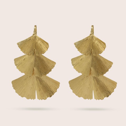 Brincos Prata Dourada | Ginkgo 3 Folhas Sobrepostas