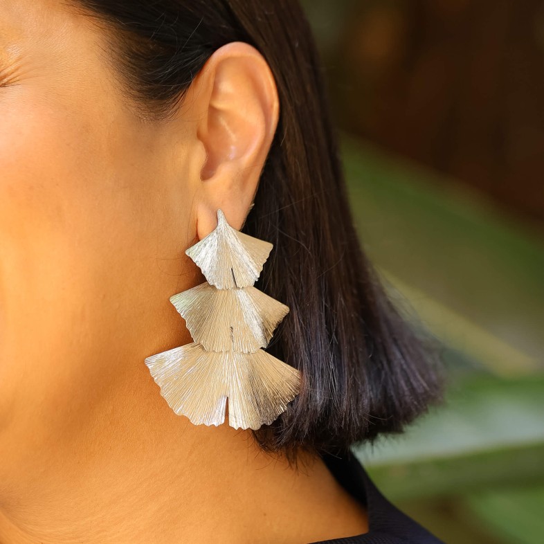 Brincos Prata R�dio | Ginkgo 3 Folhas XL