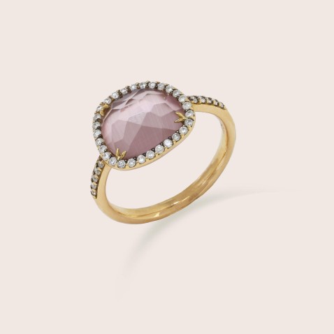 19.2K Yellow Gold Ring with Pink Sapphire and Diamonds | Cores Preciosas
