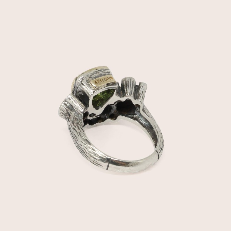 Silver and 9k Gold Peridot and Pearl Ring | Styliano