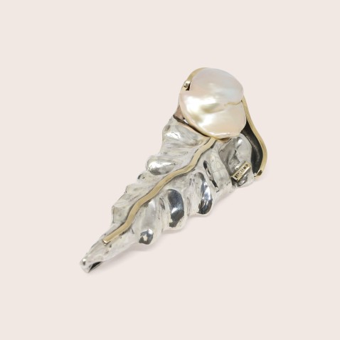 Silver and 9k Gold Leaf Brooch with Pearl | Styliano