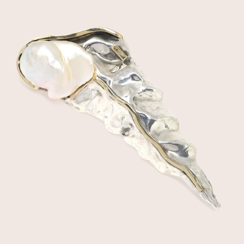 Silver and 9k Gold Leaf Brooch with Pearl | Styliano