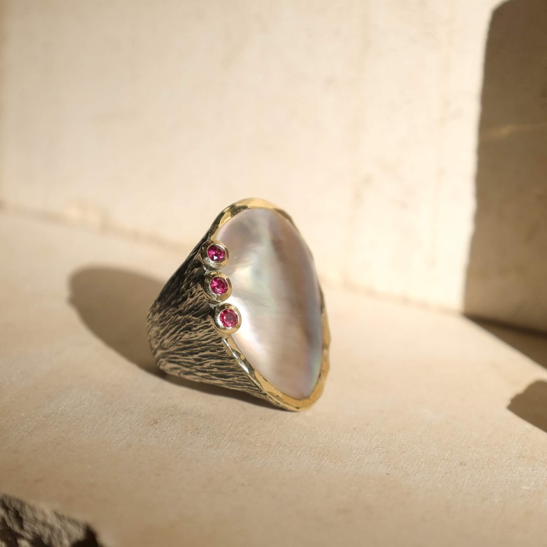Silver and 9k Gold Mother-of-Pearl Ring | Styliano