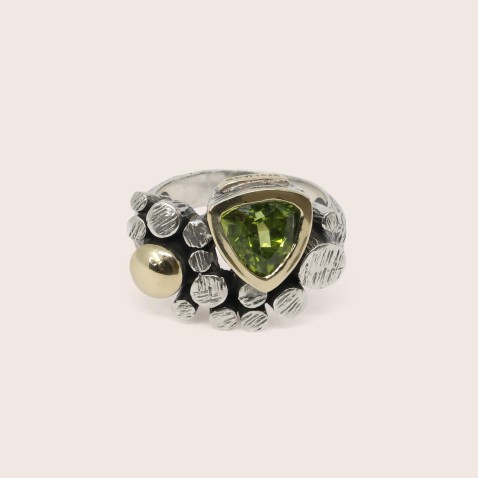 Silver and 9k Gold Peridot and Pearl Ring | Styliano