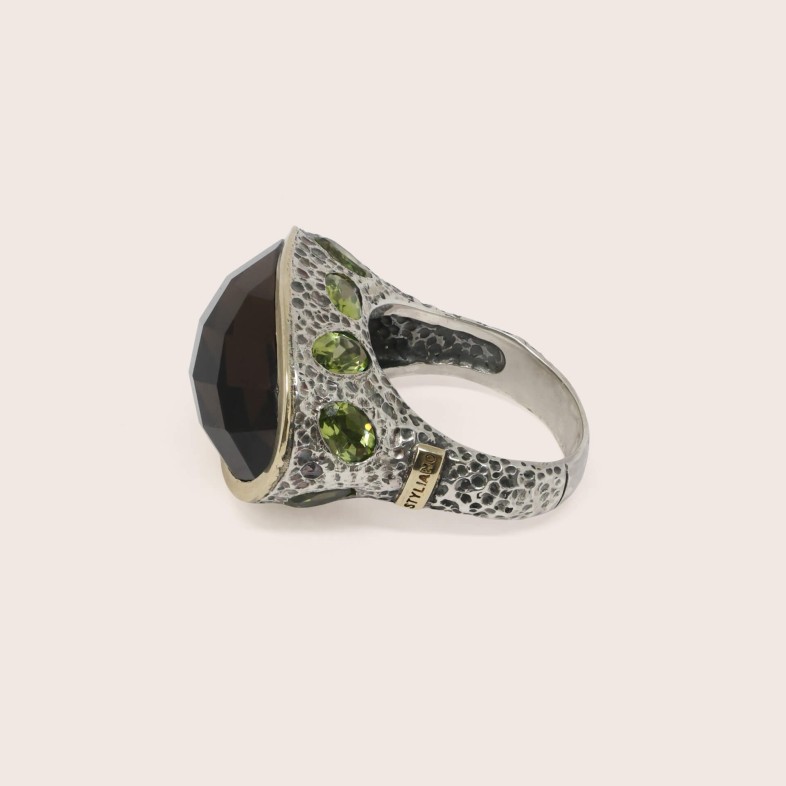 Smoky Quartz and Peridot Silver Ring | Styliano