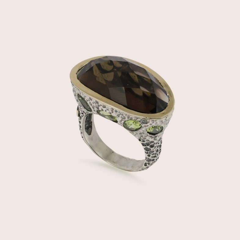 Smoky Quartz and Peridot Silver Ring | Styliano
