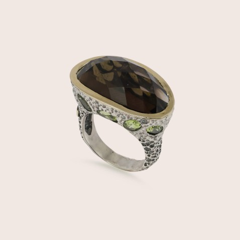 Smoky Quartz and Peridot Silver Ring | Styliano