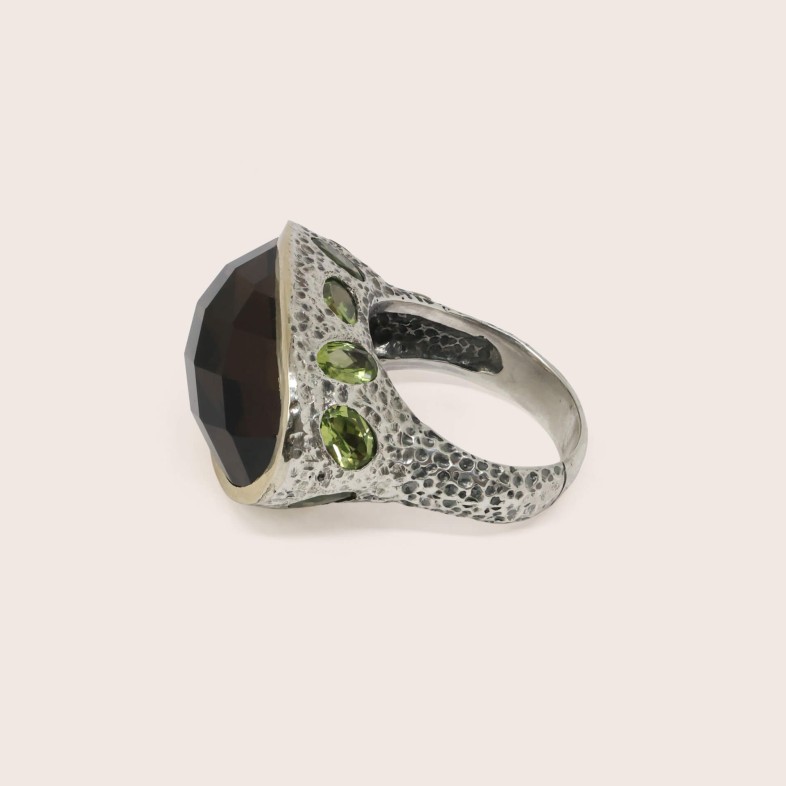Smoky Quartz and Peridot Silver Ring | Styliano