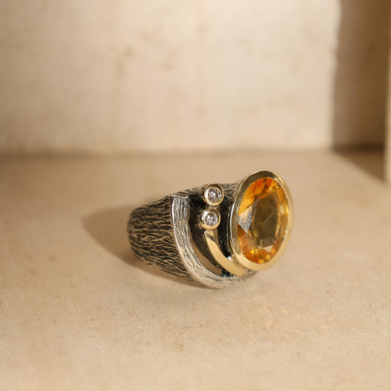 Citrine and Lab Diamond Ring, Silver & 9k Gold | Styliano