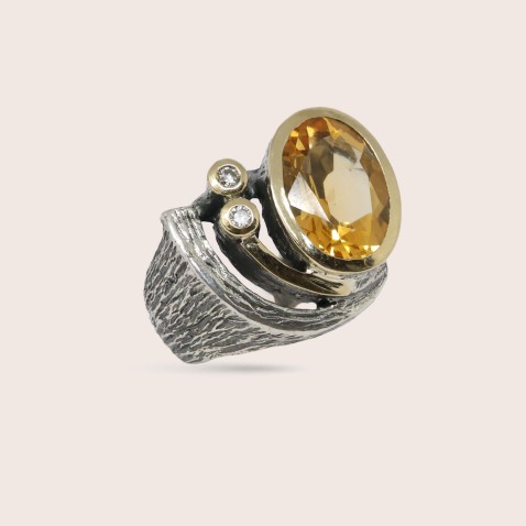 Citrine and Lab Diamond Ring, Silver & 9k Gold | Styliano