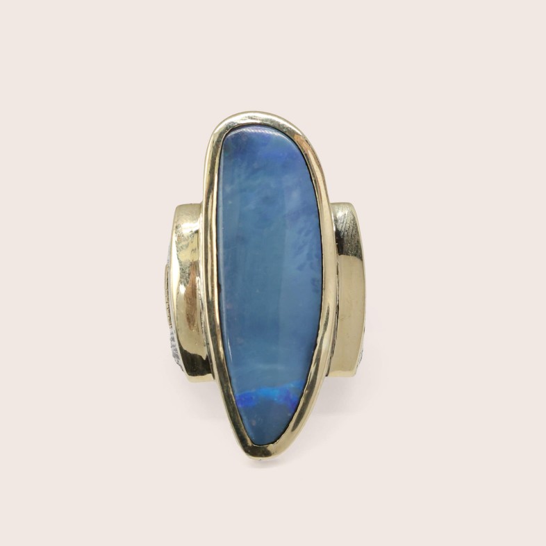 Long Blue Opal Silver and 9k Gold Ring | Styliano