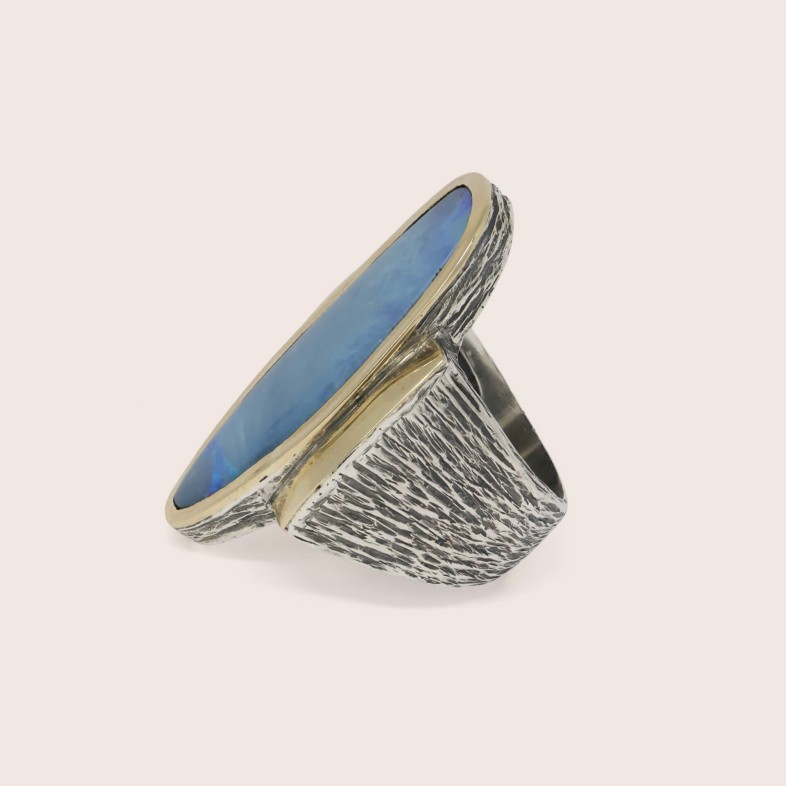 Long Blue Opal Silver and 9k Gold Ring | Styliano