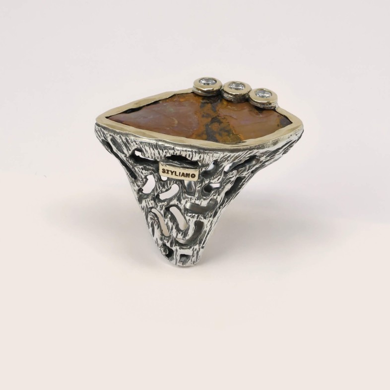 Boulder Opal and Lab Diamond Silver Ring | Styliano