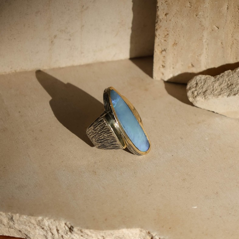 Long Blue Opal Silver and 9k Gold Ring | Styliano