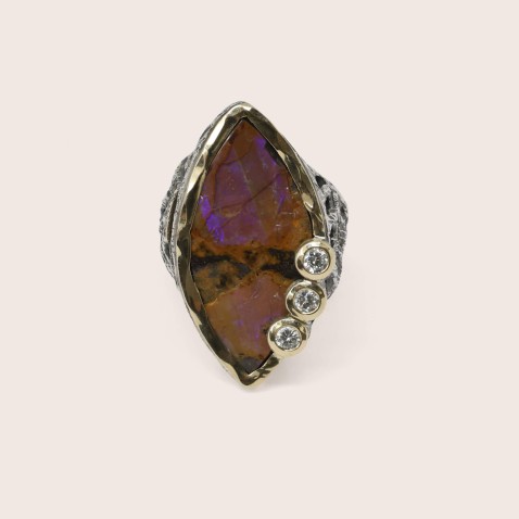 Boulder Opal and Lab Diamond Silver Ring | Styliano