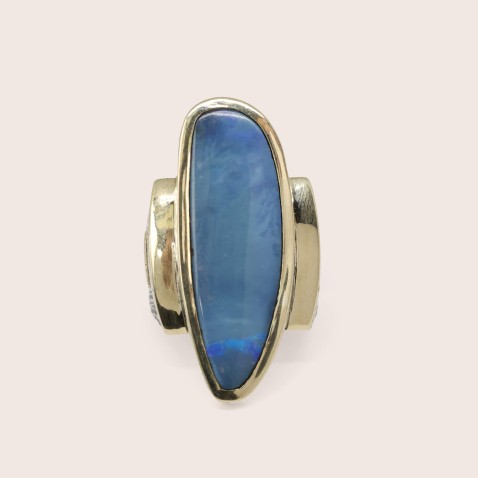 Long Blue Opal Silver and 9k Gold Ring | Styliano