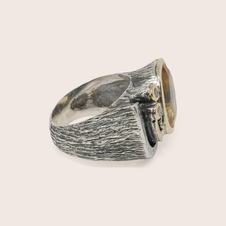 Citrine and Lab Diamond Ring, Silver & 9k Gold | Styliano