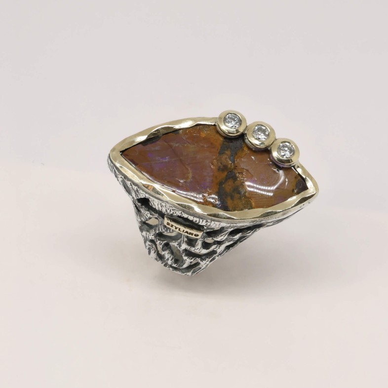 Boulder Opal and Lab Diamond Silver Ring | Styliano