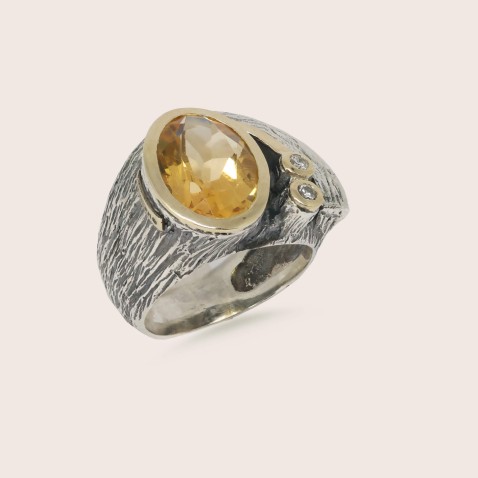 Citrine and Lab Diamond Ring, Silver & 9k Gold | Styliano