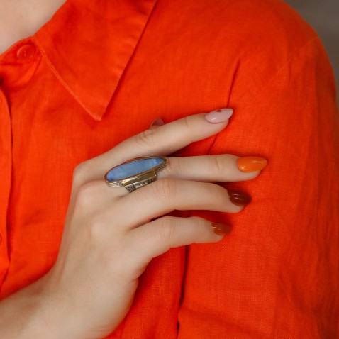 Long Blue Opal Silver and 9k Gold Ring | Styliano