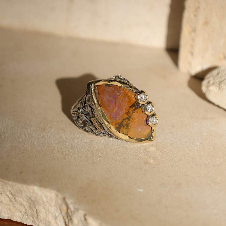 Boulder Opal and Lab Diamond Silver Ring | Styliano