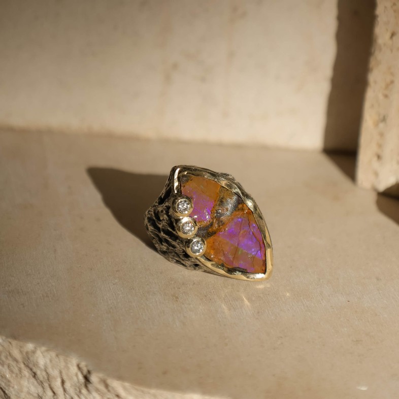 Boulder Opal and Lab Diamond Silver Ring | Styliano