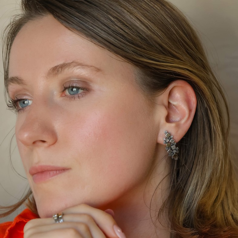 Silver Cluster Drop Earrings with Gemstones | Styliano