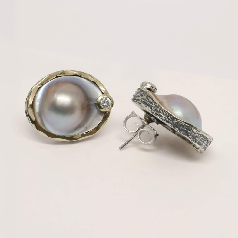 Mabe Pearl Earrings, Silver & 9k Gold | Styliano