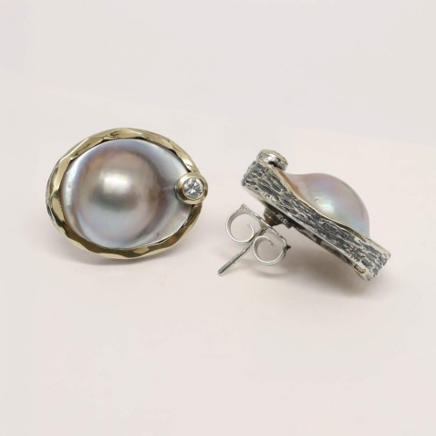 Mabe Pearl Earrings, Silver & 9k Gold | Styliano