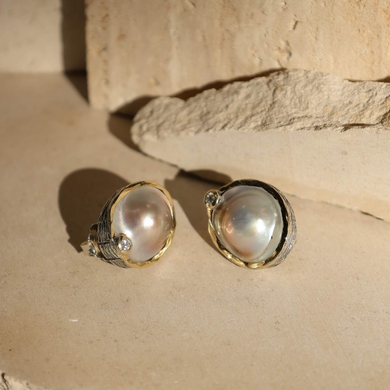 Mabe Pearl Earrings, Silver & 9k Gold | Styliano