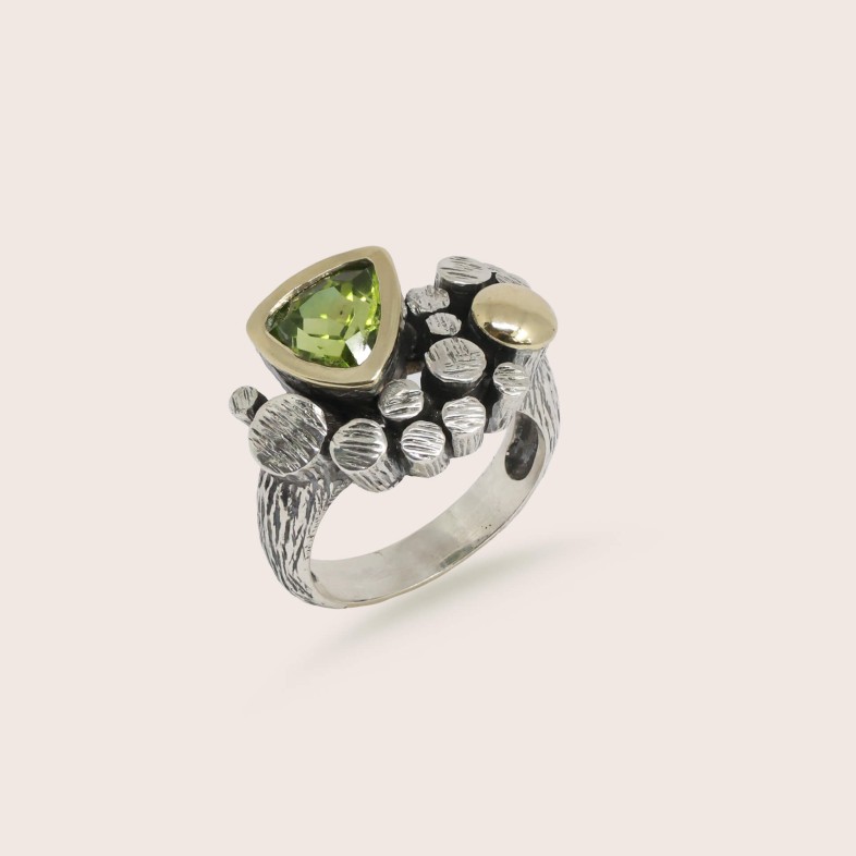 Silver and 9k Gold Peridot and Pearl Ring | Styliano