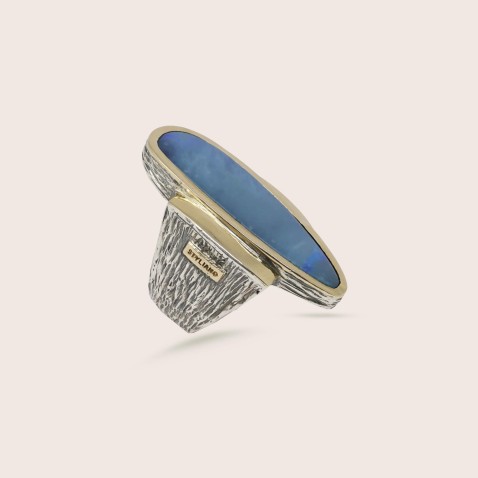 Long Blue Opal Silver and 9k Gold Ring | Styliano