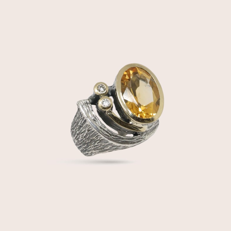 Citrine and Lab Diamond Ring, Silver & 9k Gold | Styliano