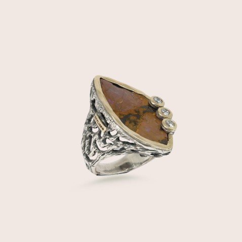 Boulder Opal and Lab Diamond Silver Ring | Styliano